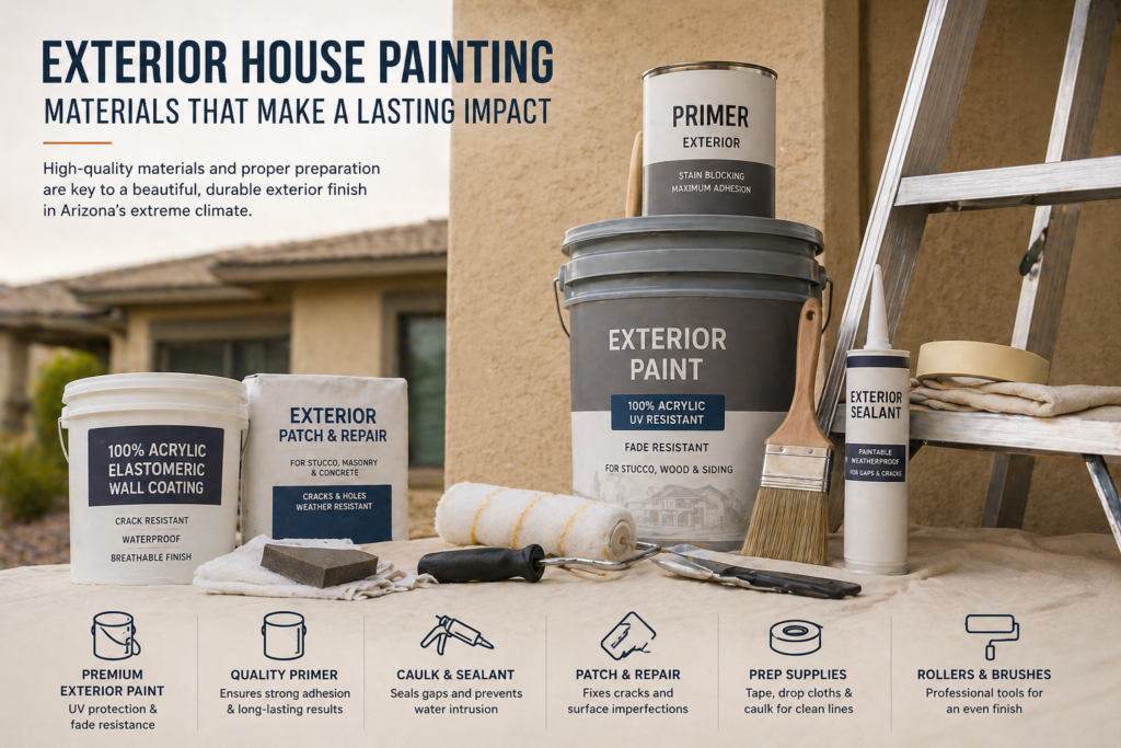 Exterior painting supplies including primer, elastomeric wall coating, patch and repair materials, and sealant, emphasizing quality and durability for Arizona's climate.