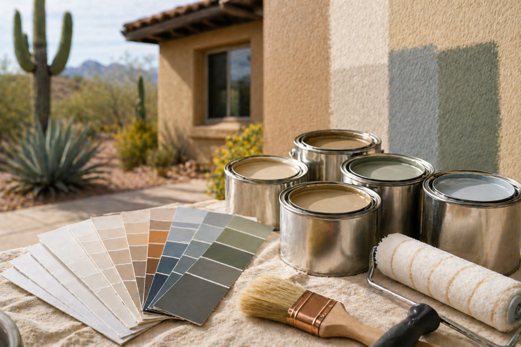 Paint cans and color swatches on a table, showcasing paint selection for Arizona homes, with a desert landscape and cacti in the background, emphasizing preparation for exterior painting in harsh climates.