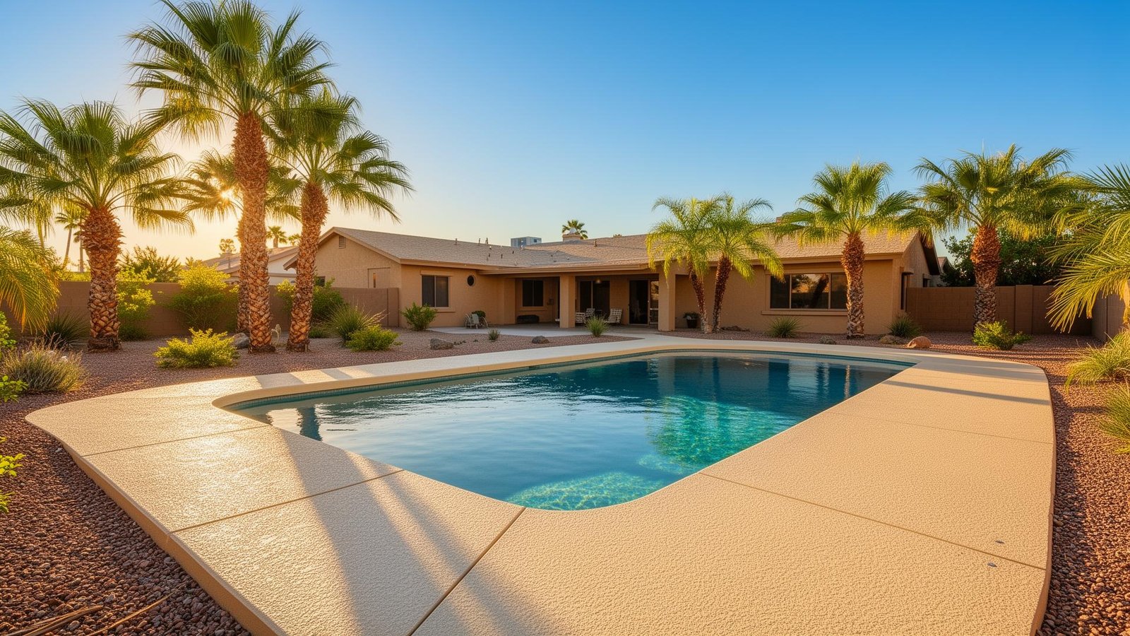 Desert backyard with a swimming pool, palm trees, and a home, showcasing a tranquil outdoor space ideal for summer relaxation.