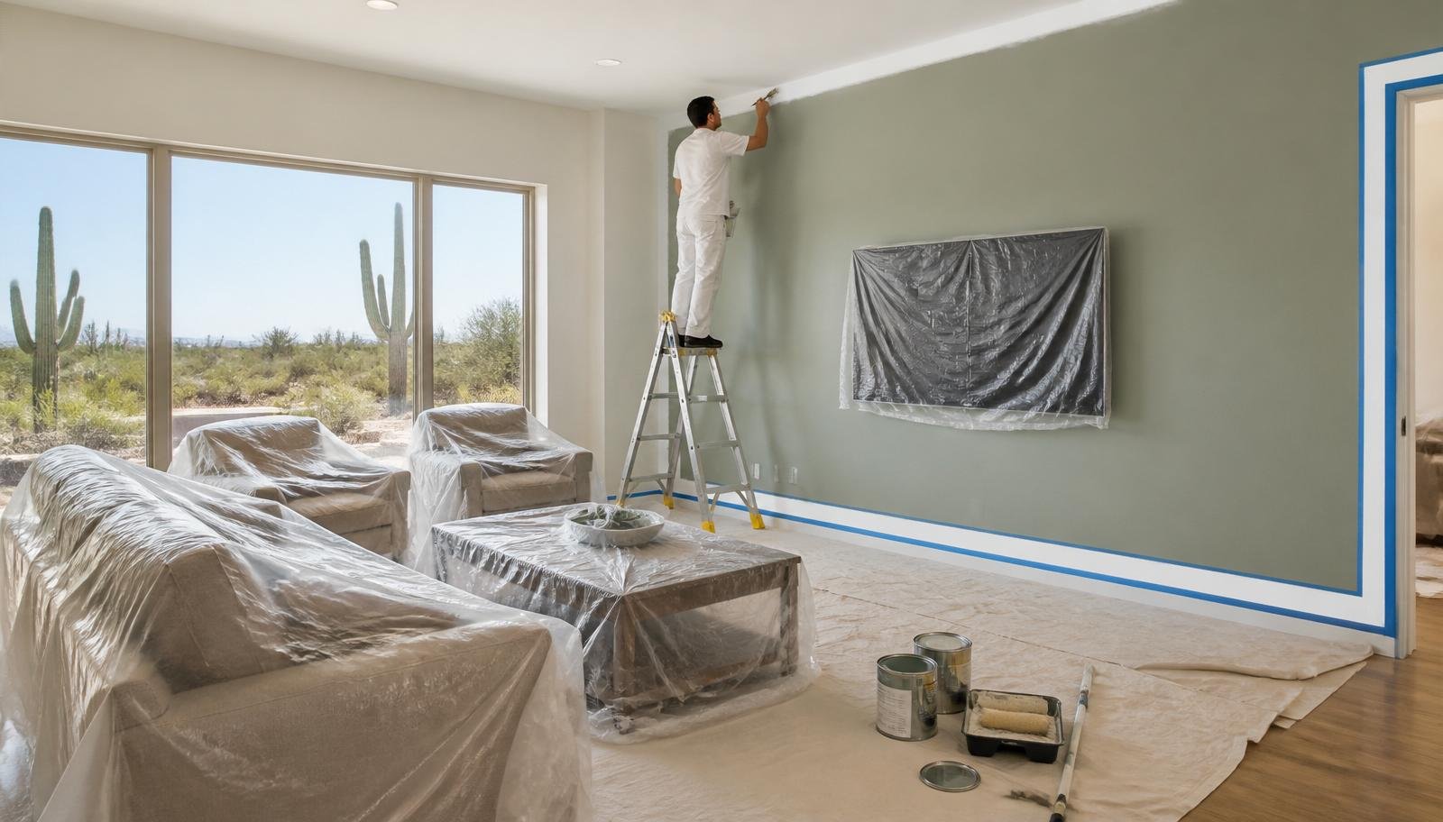 Arizona painter applying cool interior paint colors to a Sun City home.